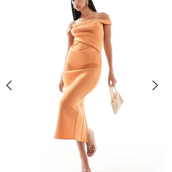 ASOS DESIGN structured bardot pencil midi dress in apricot size m - Picture 1 of 4